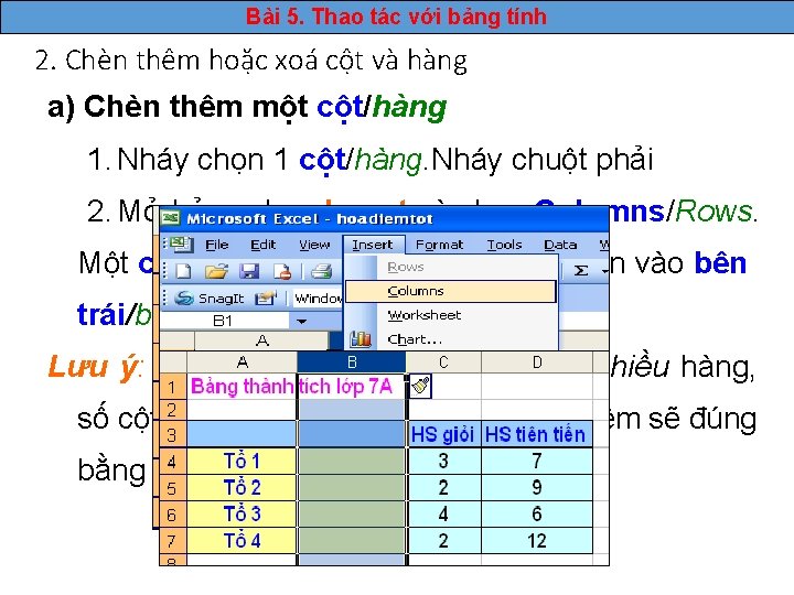 Bài 5. Thao tác với bảng tính 2. Chèn thêm hoặc xoá cột và
