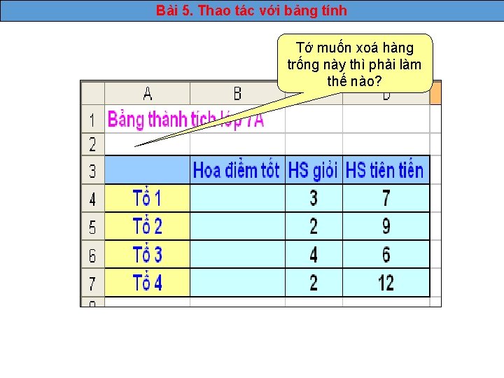 Bài 5. Thao tác với bảng tính Tớ muốn xoá hàng trống này thì