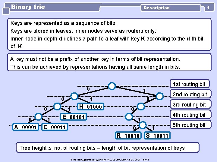 Binary trie 1 Description Keys are represented as a sequence of bits. Keys are