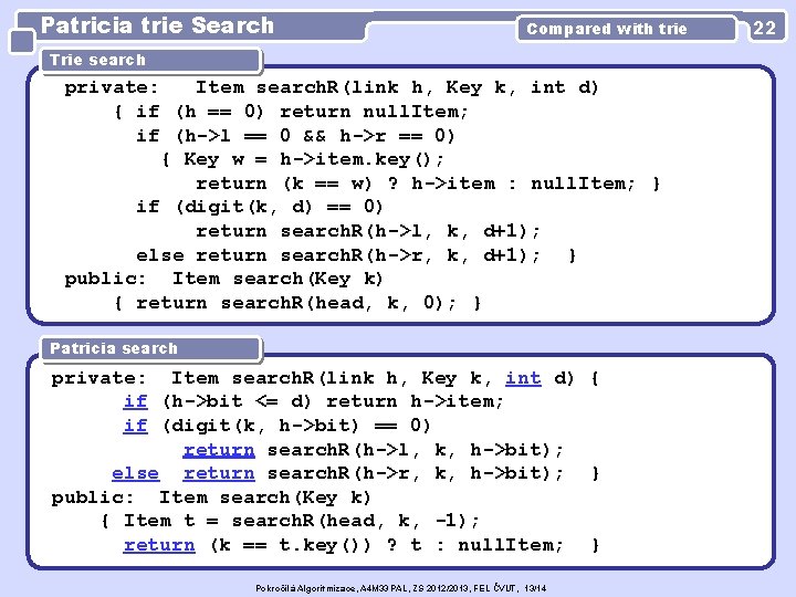 Patricia trie Search Compared with trie Trie search private: Item search. R(link h, Key