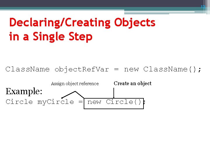 13 Declaring/Creating Objects in a Single Step Class. Name object. Ref. Var = new 13 Declaring/Creating Objects in a Single Step Class. Name object. Ref. Var = new