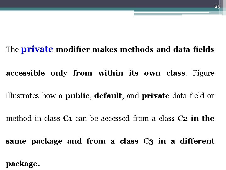 29 The private modifier makes methods and data fields accessible only from within its 29 The private modifier makes methods and data fields accessible only from within its