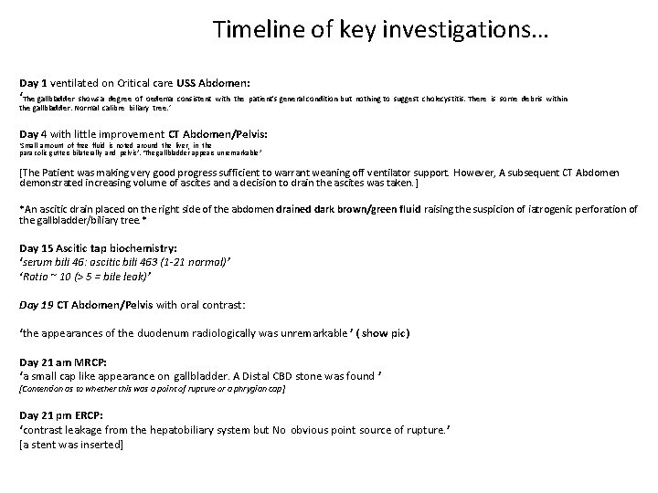 Timeline of key investigations… Day 1 ventilated on Critical care USS Abdomen: ‘The gallbladder