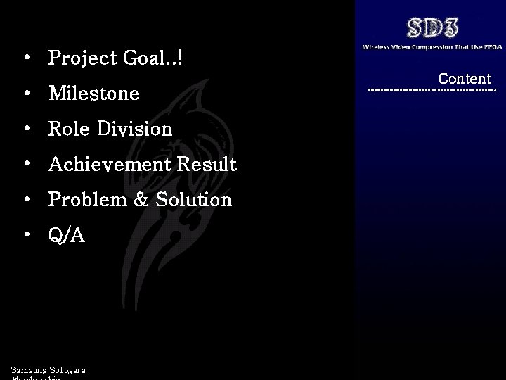  • Project Goal. . ! • Milestone • Role Division • Achievement Result