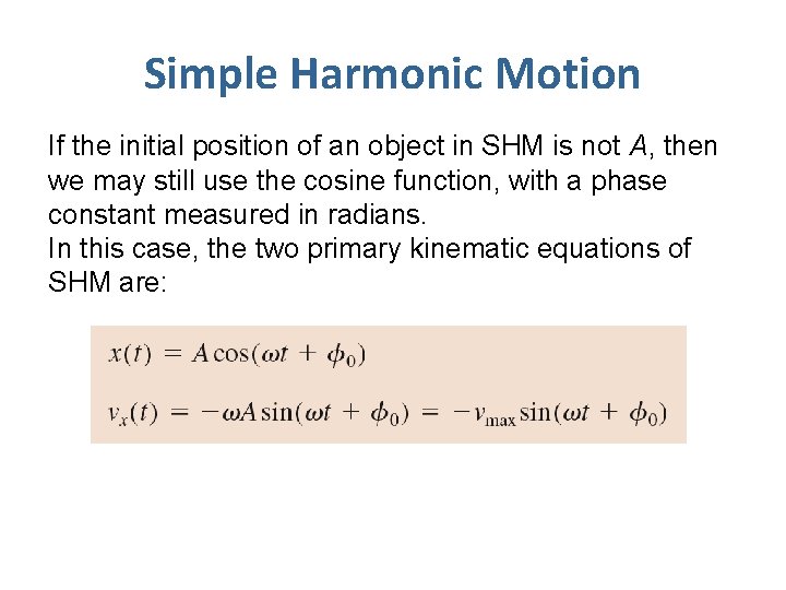 Simple Harmonic Motion If the initial position of an object in SHM is not