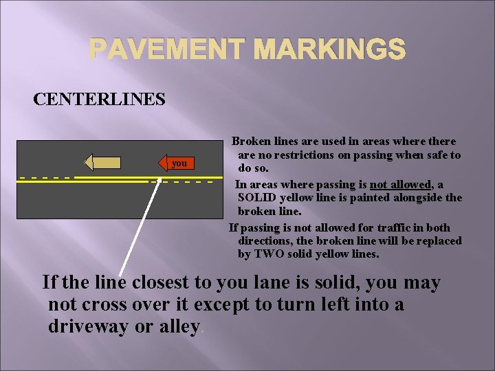 PAVEMENT MARKINGS CENTERLINES ----- you ------ Broken lines are used in areas where there