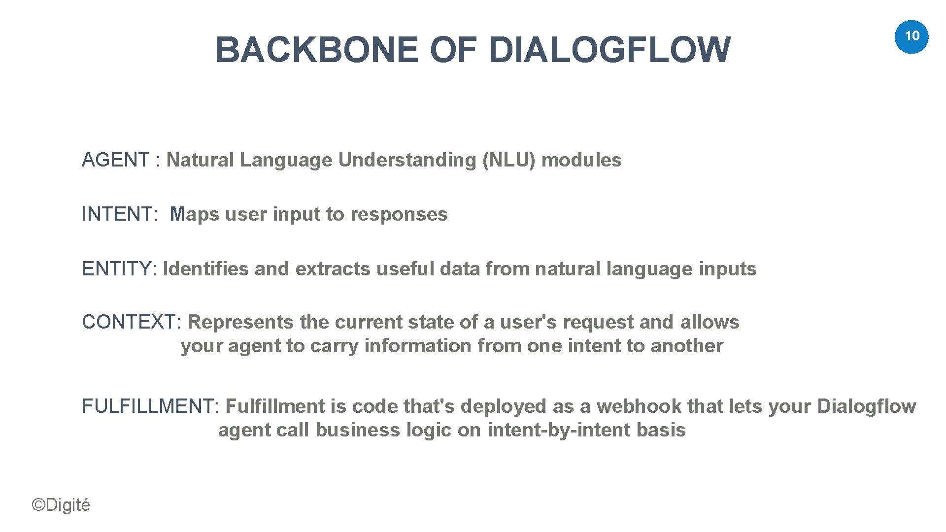 BACKBONE OF DIALOGFLOW 10 AGENT : Natural Language Understanding (NLU) modules INTENT: Maps user BACKBONE OF DIALOGFLOW 10 AGENT : Natural Language Understanding (NLU) modules INTENT: Maps user