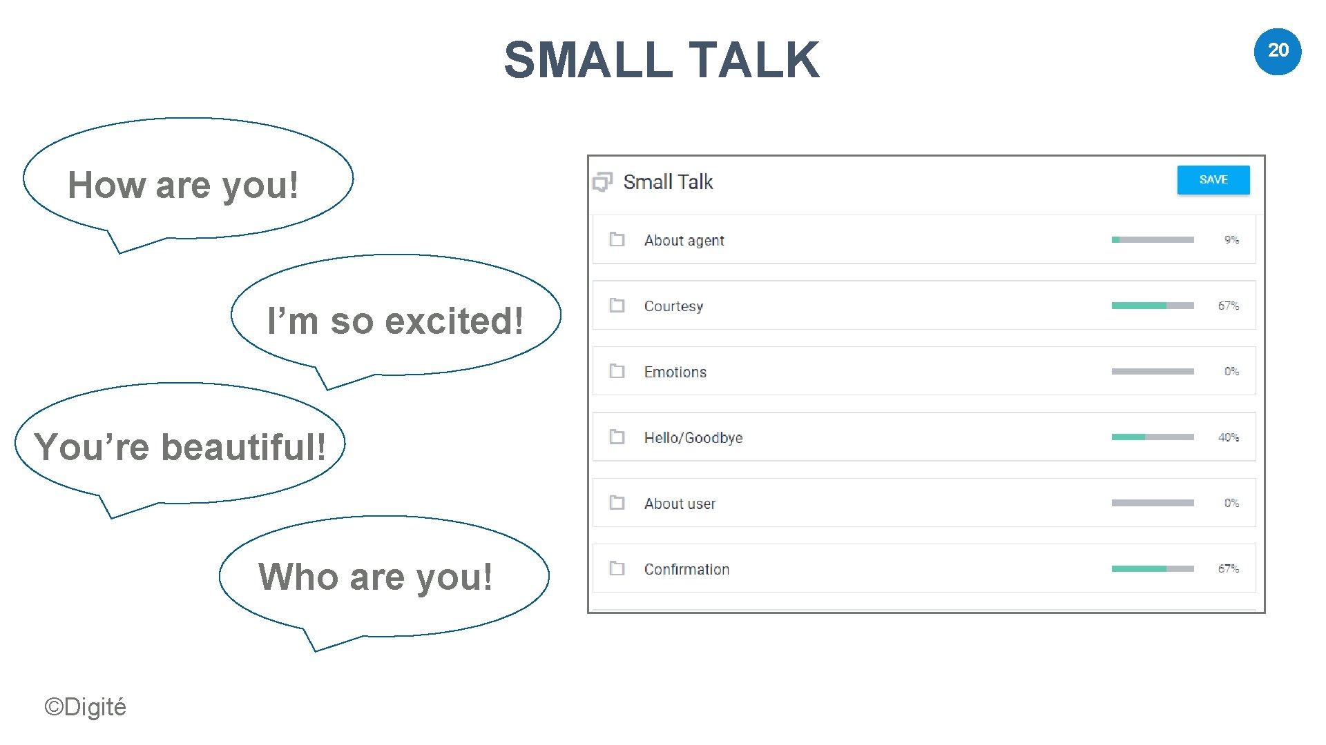 SMALL TALK How are you! Custom Entity You're beautiful I’m so excited! Custom Entity SMALL TALK How are you! Custom Entity You're beautiful I’m so excited! Custom Entity