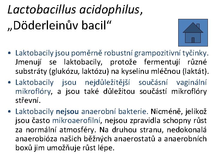 Lactobacillus acidophilus, „Döderleinův bacil“ • Laktobacily jsou poměrně robustní grampozitivní tyčinky. Jmenují se laktobacily,