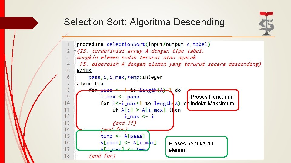 Selection Sort: Algoritma Descending Proses Pencarian indeks Maksimum Proses pertukaran elemen 