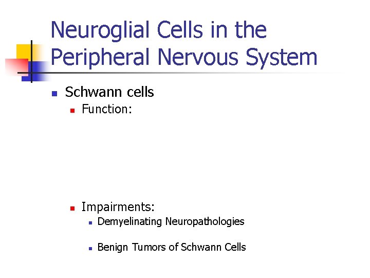 Neuroglial Cells in the Peripheral Nervous System n Schwann cells n Function: n Impairments:
