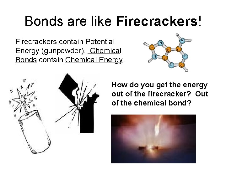 Bonds are like Firecrackers! Firecrackers contain Potential Energy (gunpowder). Chemical Bonds contain Chemical Energy.