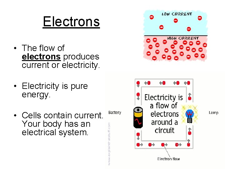 Electrons • The flow of electrons produces current or electricity. • Electricity is pure