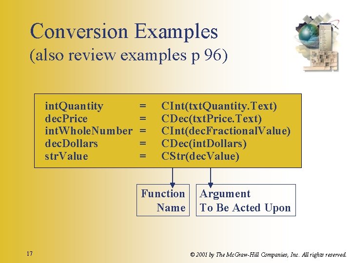 Conversion Examples (also review examples p 96) int. Quantity dec. Price int. Whole. Number