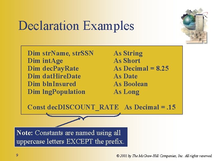 Declaration Examples Dim str. Name, str. SSN Dim int. Age Dim dec. Pay. Rate
