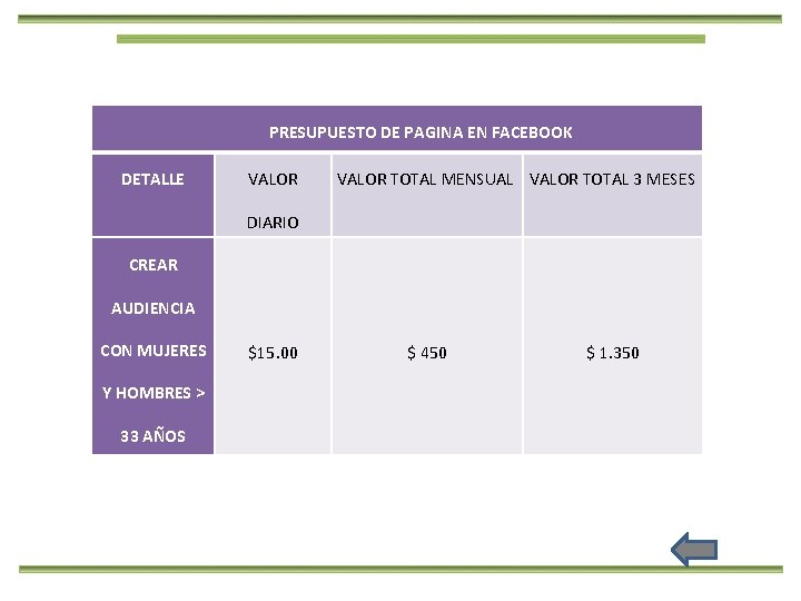 PRESUPUESTO DE PAGINA EN FACEBOOK DETALLE VALOR TOTAL MENSUAL VALOR TOTAL 3 MESES DIARIO