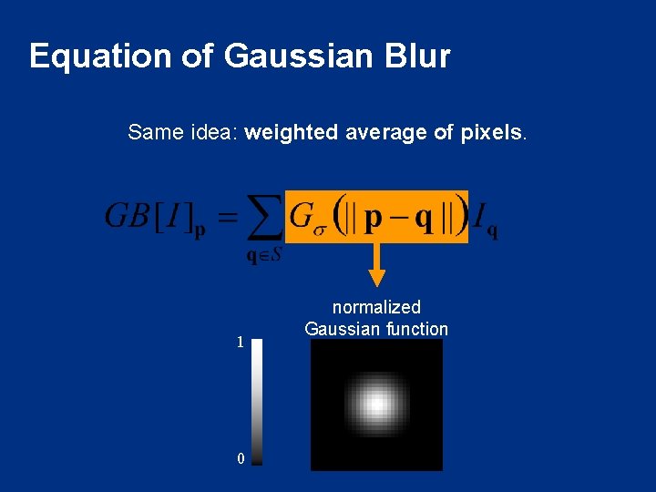 Equation of Gaussian Blur Same idea: weighted average of pixels. 1 0 normalized Gaussian