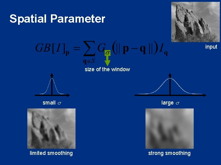 Spatial Parameter input size of the window small s large s limited smoothing strong