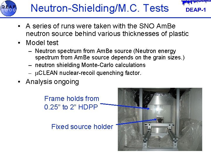 Neutron-Shielding/M. C. Tests • A series of runs were taken with the SNO Am.