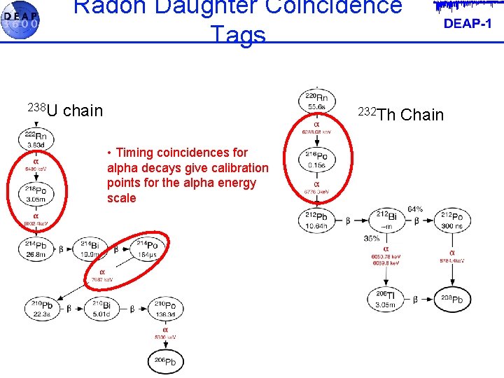 Radon Daughter Coincidence Tags 238 U chain 232 Th • Timing coincidences for alpha