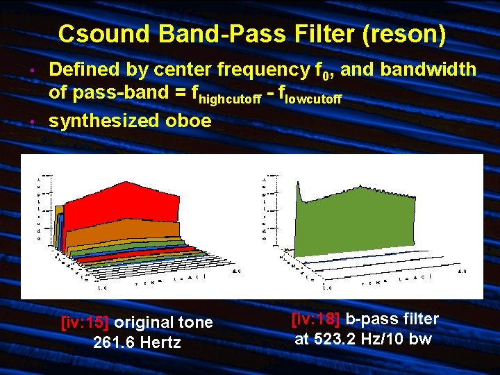 Csound Band-Pass Filter (reson) • • Defined by center frequency f 0, and bandwidth