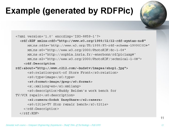 Example (generated by RDFPic) 11 Semantic web course – Computer Engineering Department – Sharif