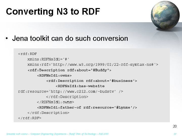 Converting N 3 to RDF • Jena toolkit can do such conversion 20 Semantic