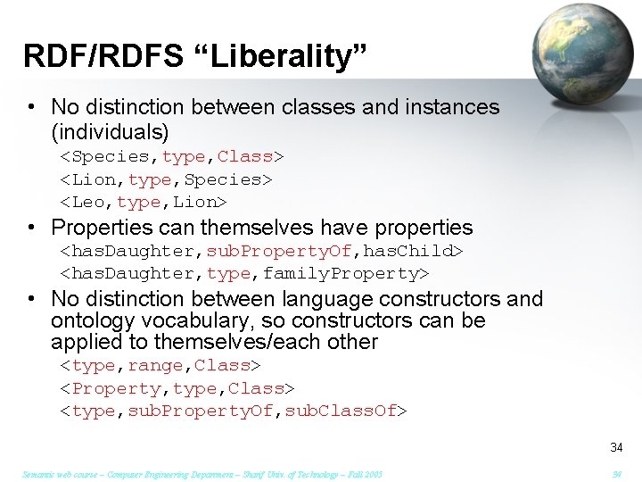 RDF/RDFS “Liberality” • No distinction between classes and instances (individuals) <Species, type, Class> <Lion,