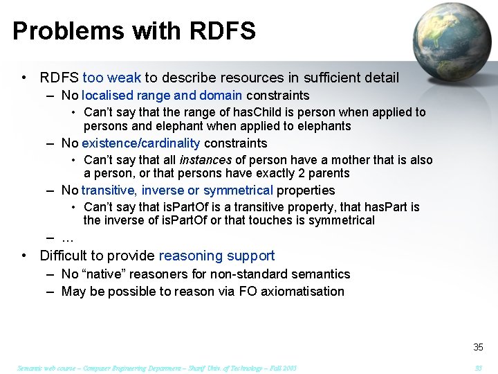 Problems with RDFS • RDFS too weak to describe resources in sufficient detail –