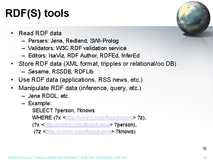 RDF(S) tools • Read RDF data – Parsers: Jena, Redland, SWI-Prolog – Validators: W