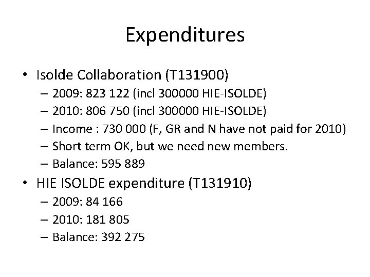 Expenditures • Isolde Collaboration (T 131900) – 2009: 823 122 (incl 300000 HIE-ISOLDE) –