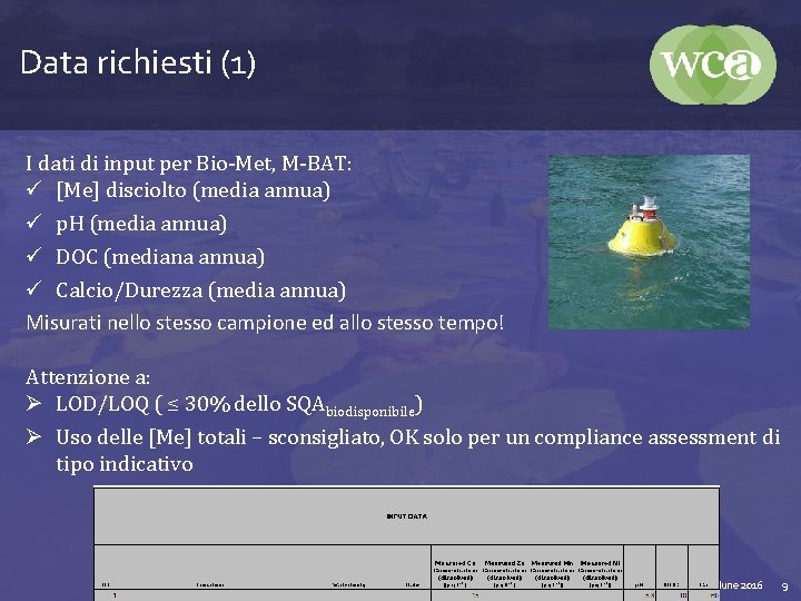 Data richiesti (1) I dati di input per Bio-Met, M-BAT: ü [Me] disciolto (media