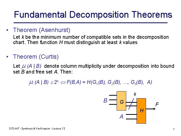 Fundamental Decomposition Theorems • Theorem (Asenhurst) Let k be the minimum number of compatible