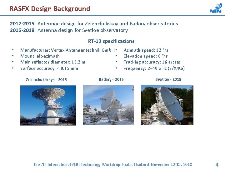 RASFX Design Background 2012 -2015: Antennae design for Zelenchukskay and Badary observatories 2016 -2018: