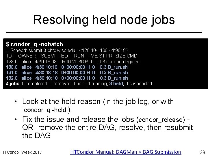 Resolving held node jobs $ condor_q -nobatch -- Schedd: submit-3. chtc. wisc. edu :