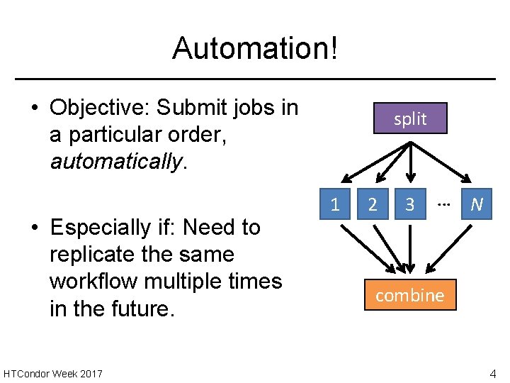 Automation! • Objective: Submit jobs in a particular order, automatically. • Especially if: Need