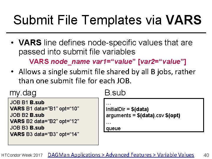 Submit File Templates via VARS • VARS line defines node-specific values that are passed