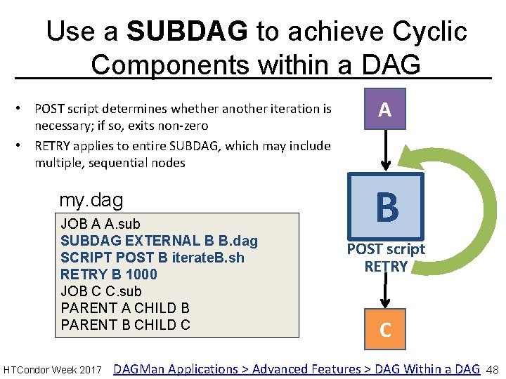 Use a SUBDAG to achieve Cyclic Components within a DAG • POST script determines