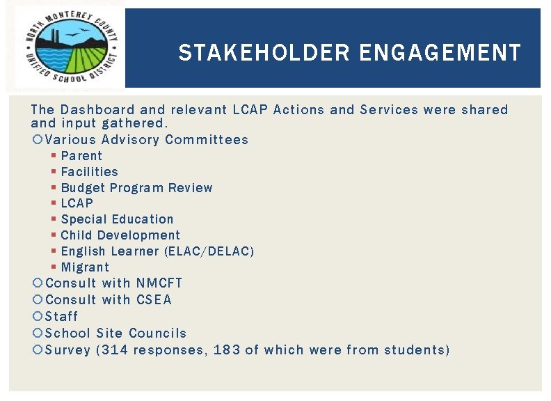 STAKEHOLDER ENGAGEMENT The Dashboard and relevant LCAP Actions and Services were shared and input