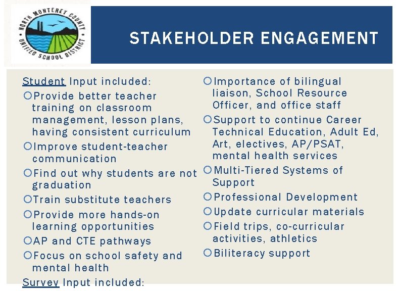 STAKEHOLDER ENGAGEMENT Student Input included: Provide better teacher training on classroom management, lesson plans,