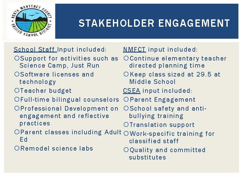 STAKEHOLDER ENGAGEMENT School Staff Input included: NMFCT input included: Support for activities such as