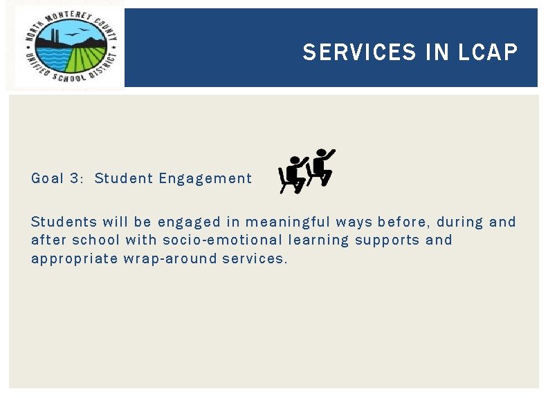 SERVICES IN LCAP Goal 3: Student Engagement Students will be engaged in meaningful ways