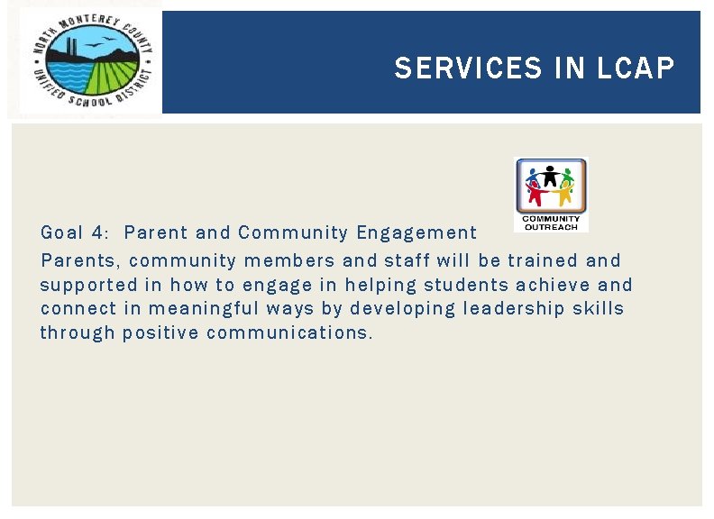 SERVICES IN LCAP Goal 4: Parent and Community Engagement Parents, community members and staff