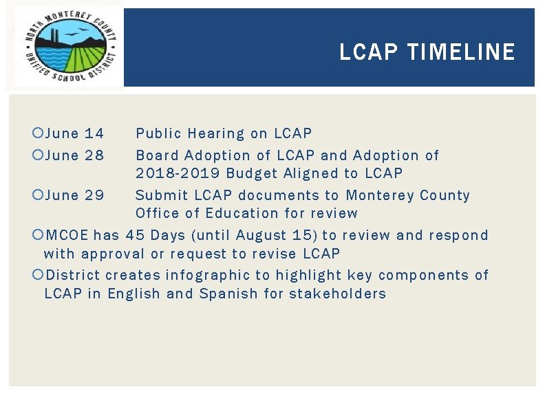 LCAP TIMELINE June 14 June 28 Public Hearing on LCAP Board Adoption of LCAP