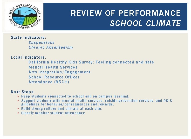 REVIEW OF PERFORMANCE SCHOOL CLIMATE State Indicators: Suspensions Chronic Absenteeism Local Indicators: California Healthy