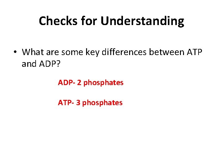 Checks for Understanding • What are some key differences between ATP and ADP? ADP-