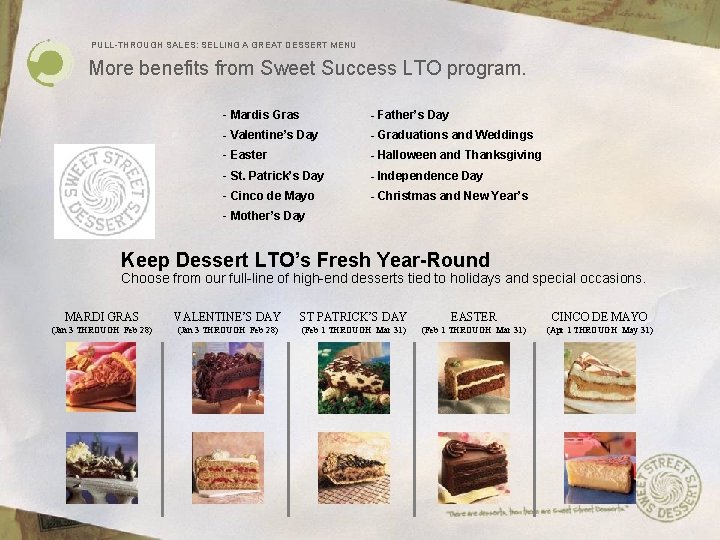 PULL-THROUGH SALES: SELLING A GREAT DESSERT MENU More benefits from Sweet Success LTO program.