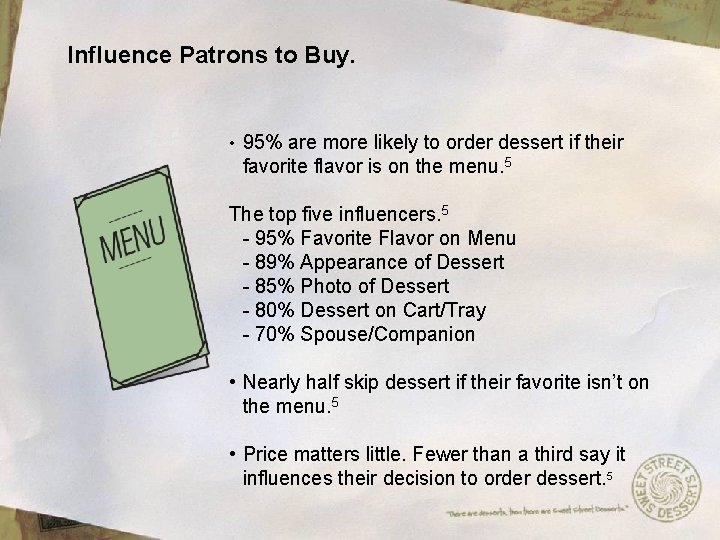 Influence Patrons to Buy. • 95% are more likely to order dessert if their
