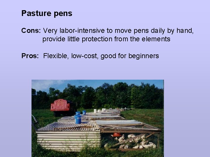 Pasture pens Cons: Very labor-intensive to move pens daily by hand, provide little protection
