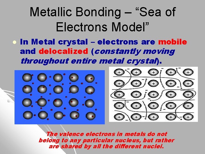 Metallic Bonding – “Sea of Electrons Model” l In Metal crystal – electrons are